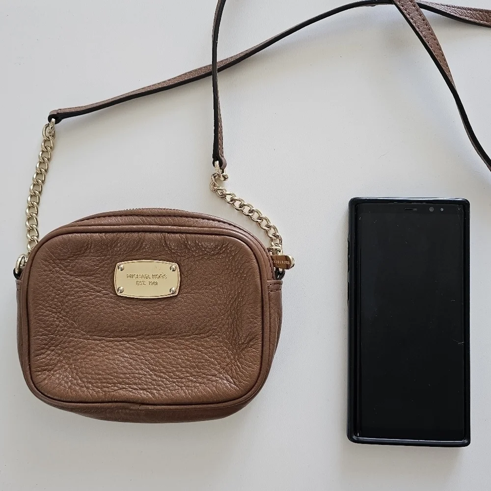 Michael Kors tan brown leather chain link mini crossbody bag